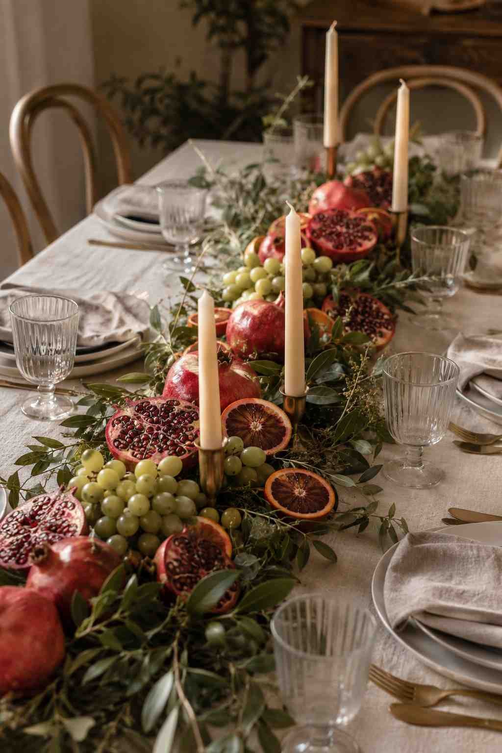 Elegant dining table centerpiece with pomegranates, grapes, greenery, and taper candles.