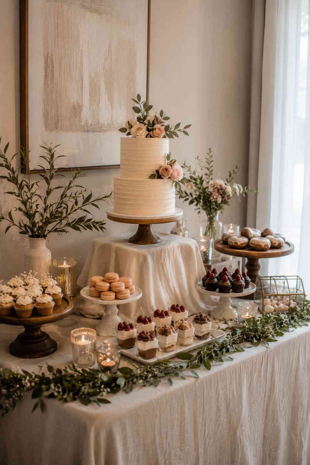 Elegant dessert table with a tiered cake, cupcakes, macarons, and assorted sweets.