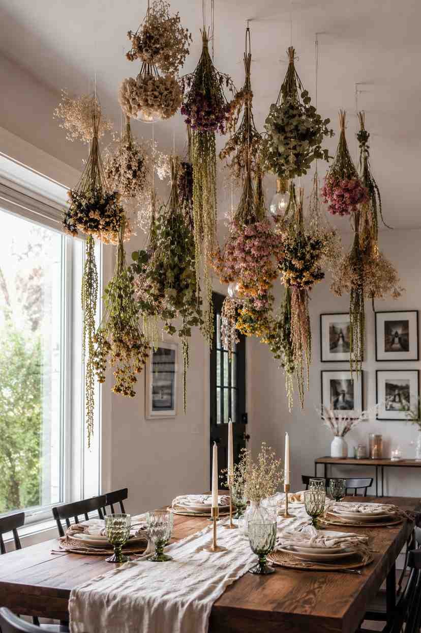 Dining room with a wooden table set for a meal beneath numerous hanging dried flower bouquets in various colors, creating a rustic and elegant floral ceiling display with natural light streaming through a large window.