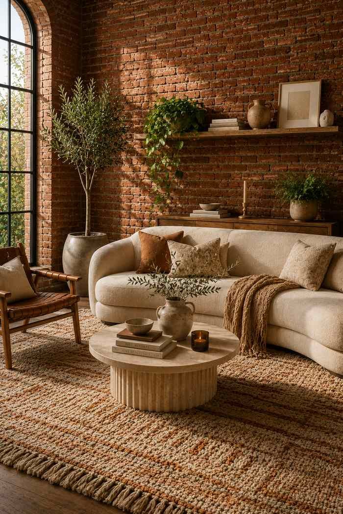 A cozy living room featuring a chunky textured area rug in warm cream and rust tones, paired with an exposed brick wall, curved ivory sofa, natural wood furniture, and soft morning sunlight.