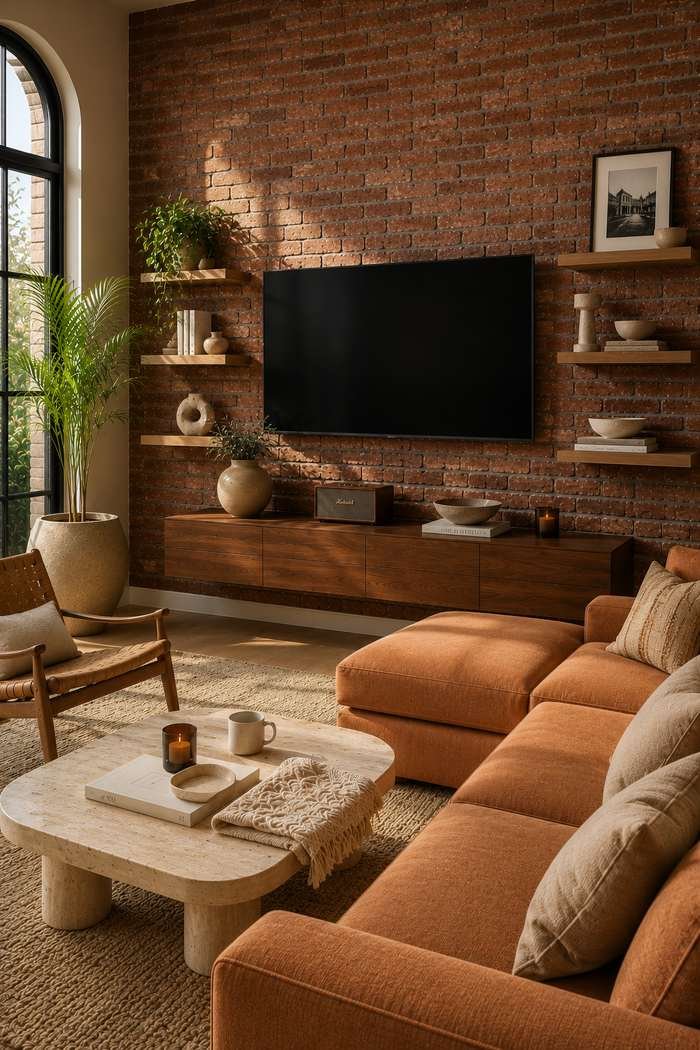 A modern living room featuring a wall-mounted TV on an exposed brick wall, floating wood shelves, a walnut media console, a warm terracotta sectional sofa, and natural sunlight creating a cozy, designer-inspired space.