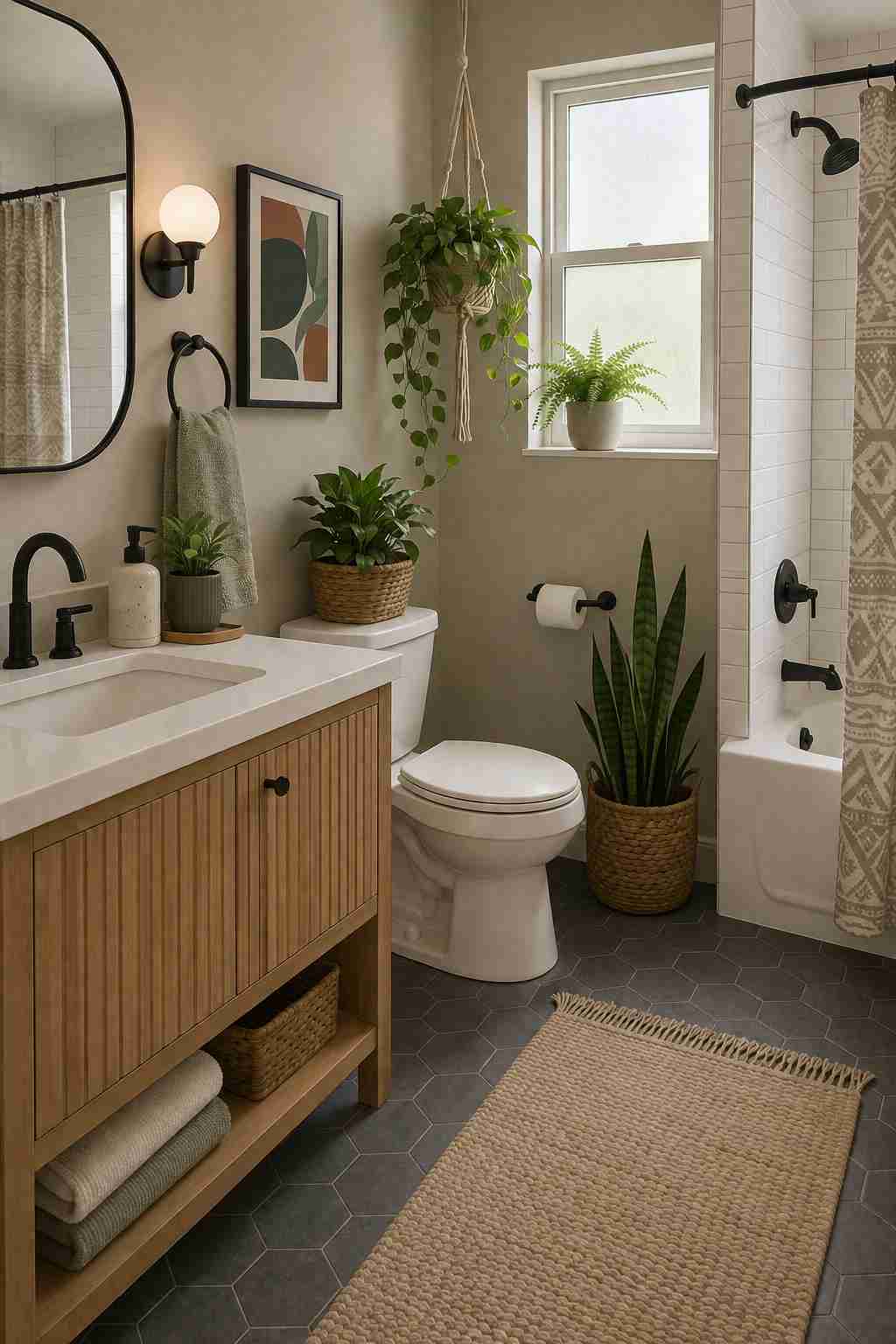 Modern bathroom with a light wood vanity, black fixtures, hanging and potted plants, gray hexagon floor tiles, and a neutral shower curtain creating a fresh, calming space.