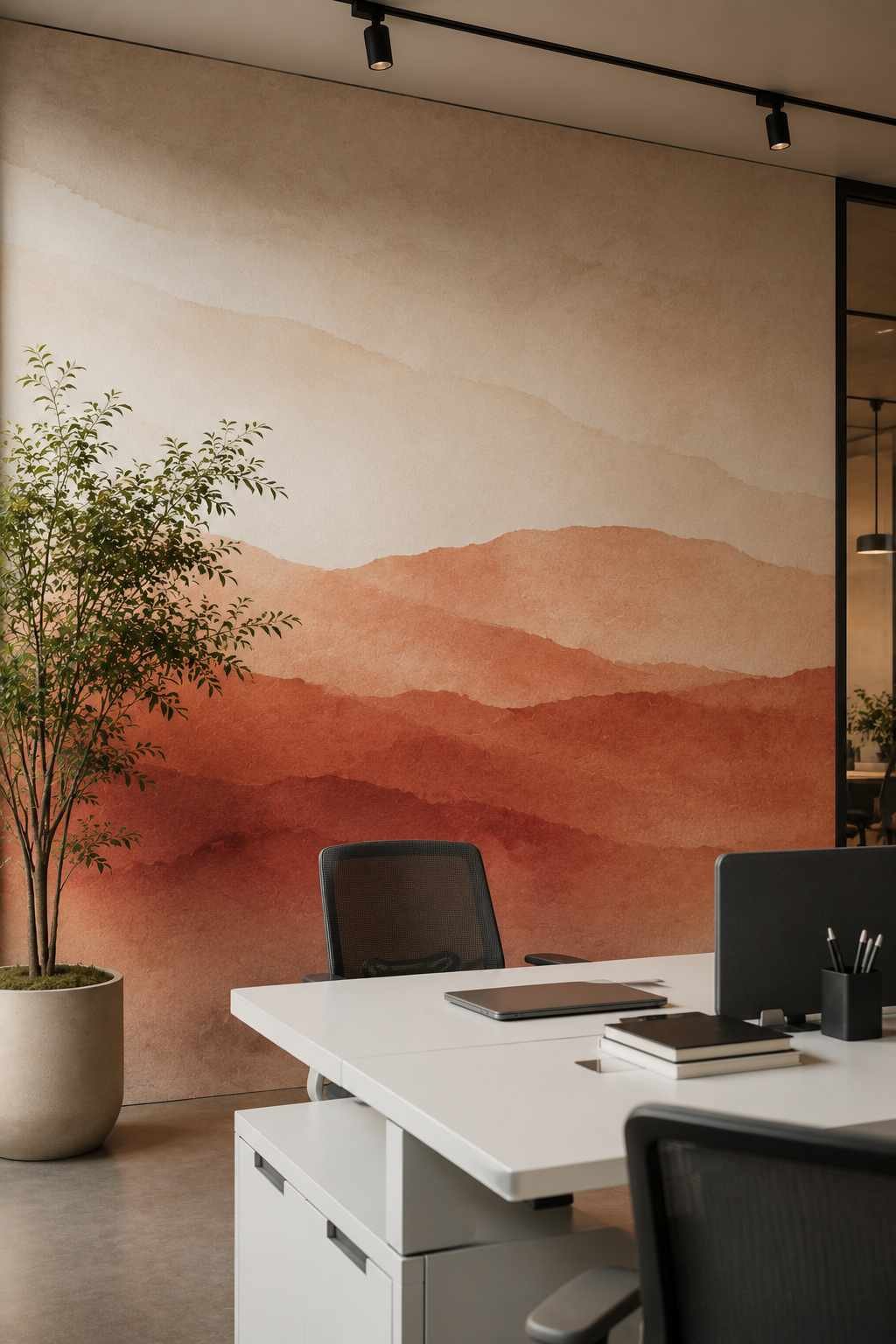 Modern office feature wall with large-scale abstract gradient wallpaper behind a sleek workstation 