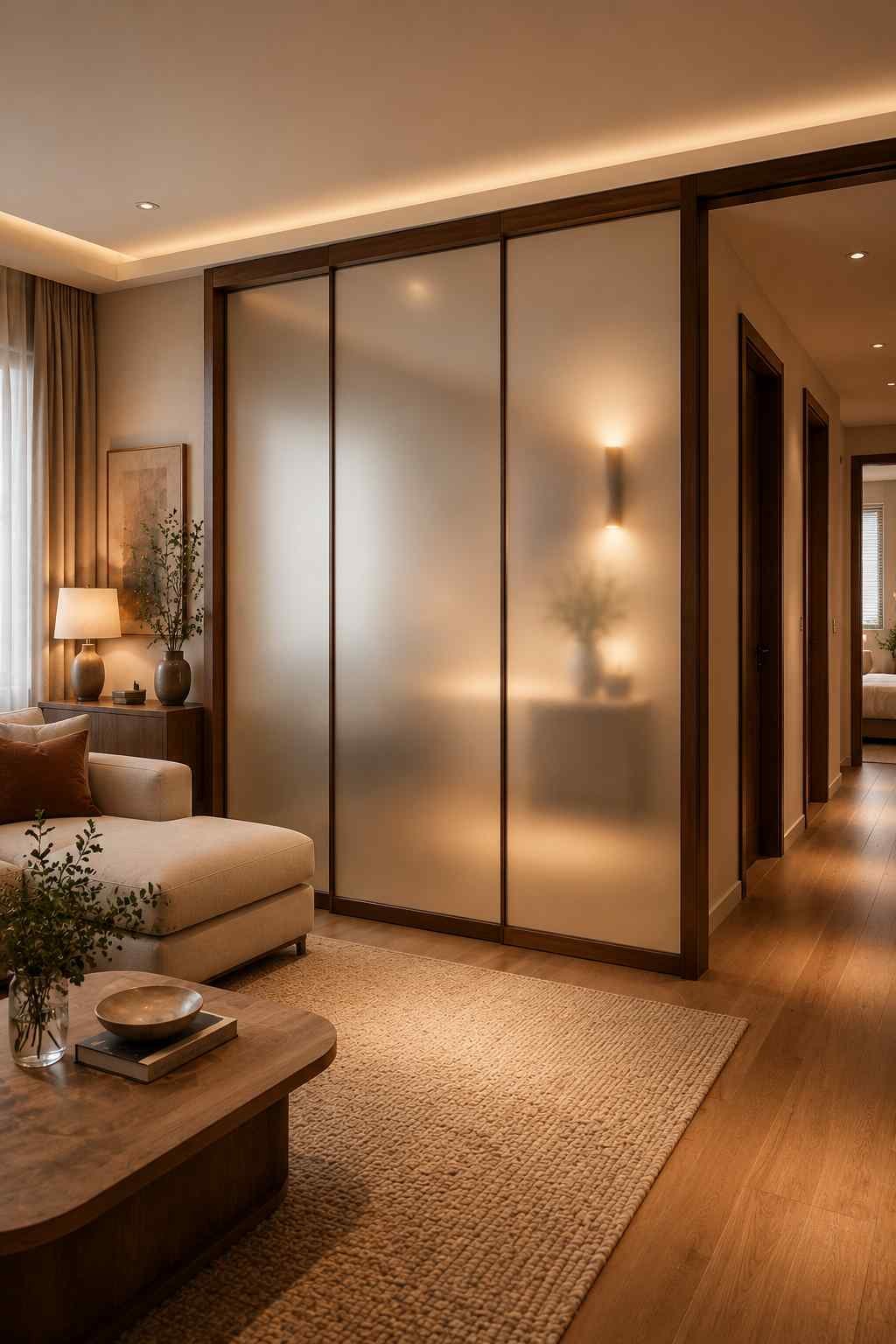 Acid-etched glass sliding room divider with dark wood framing in a modern open-plan living room.