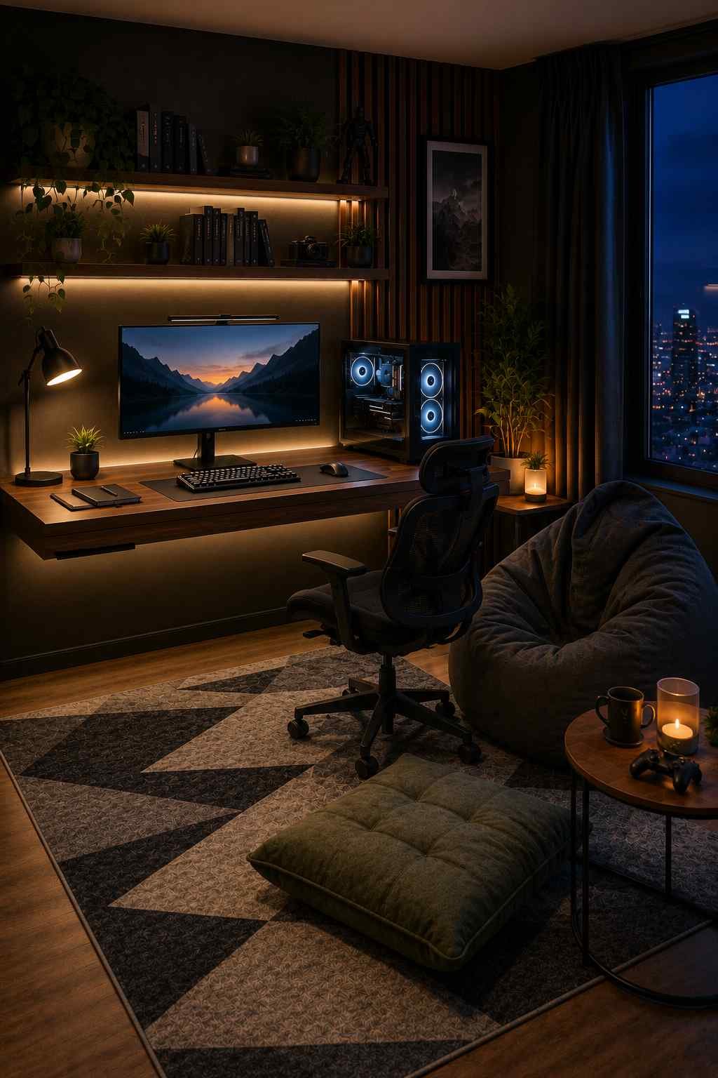 A cozy gaming room with a soft bean bag and floor cushion beside the desk, creating a comfortable spot where friends can relax during gaming sessions or movie nights.
