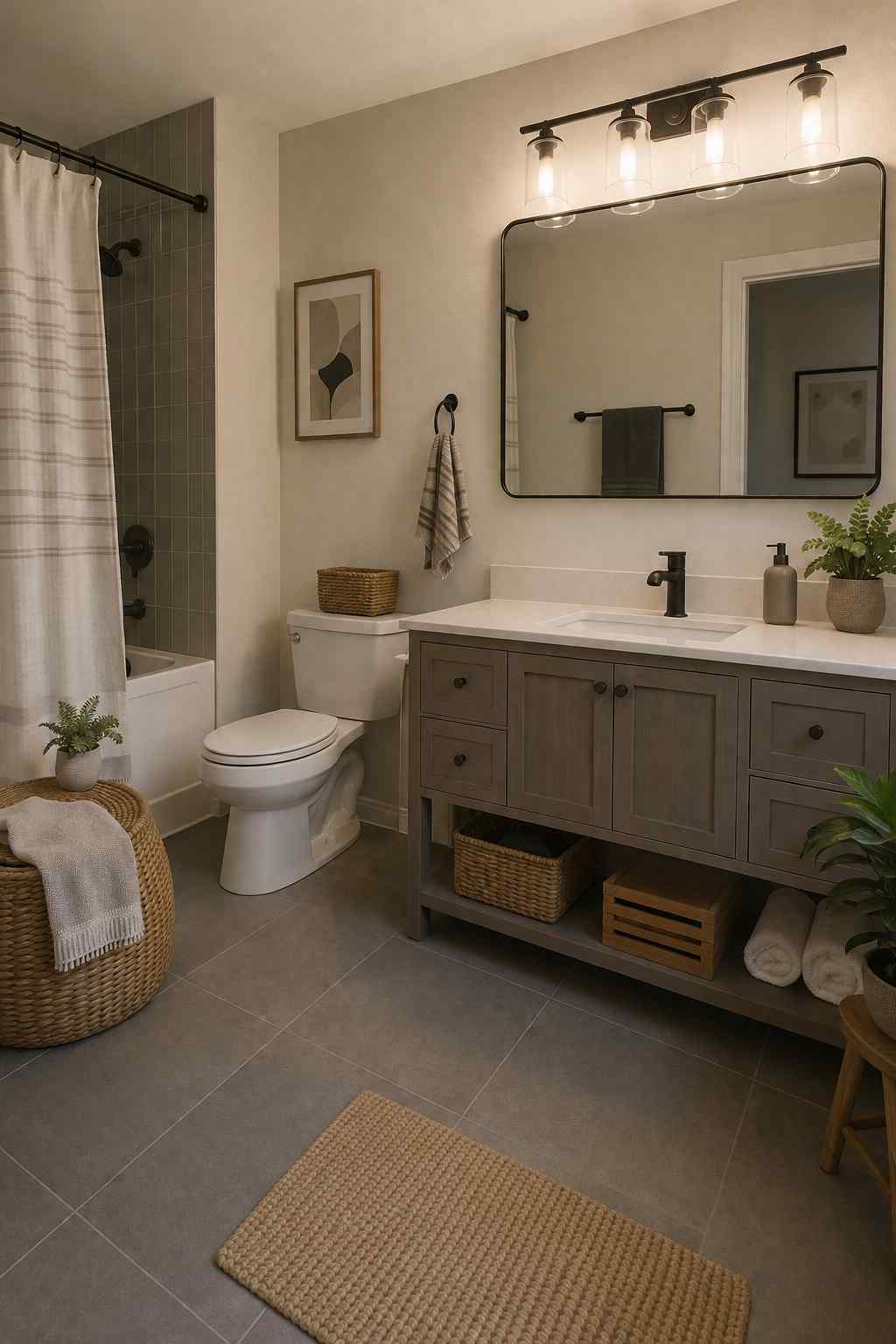 A clean, modern bathroom with a light wood vanity, white countertop, black-framed mirror, and soft neutral decor. Woven baskets, small plants, and simple artwork add warmth, while a striped shower curtain and gray floor tiles create a calm, organized space.