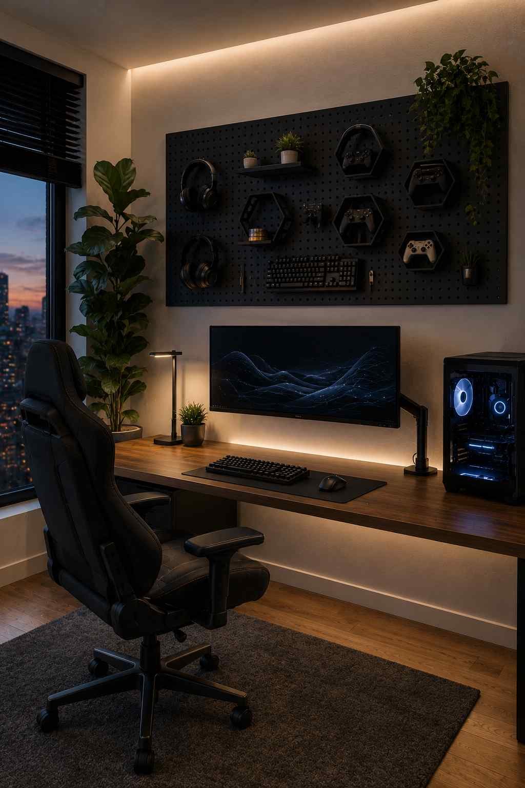 A cozy gaming setup with a pegboard holding headphones and controllers above a tidy desk, keeping everyday gear organized while adding style to the room.