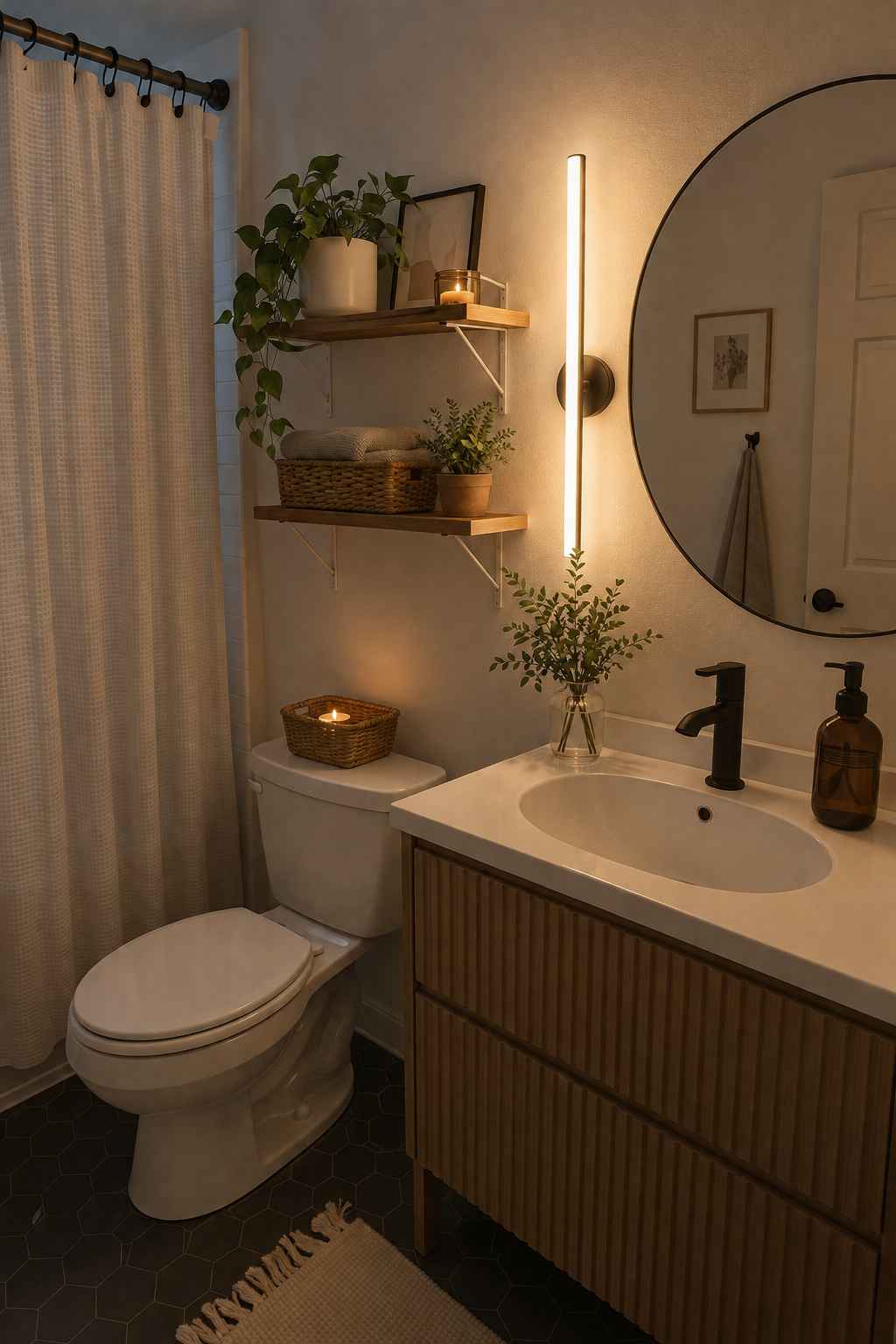 Cozy bathroom with a light wood vanity, round mirror, warm wall lighting, and open wooden shelves styled with plants, folded towels, and woven baskets. A textured beige shower curtain and black fixtures complete the calm, modern look.