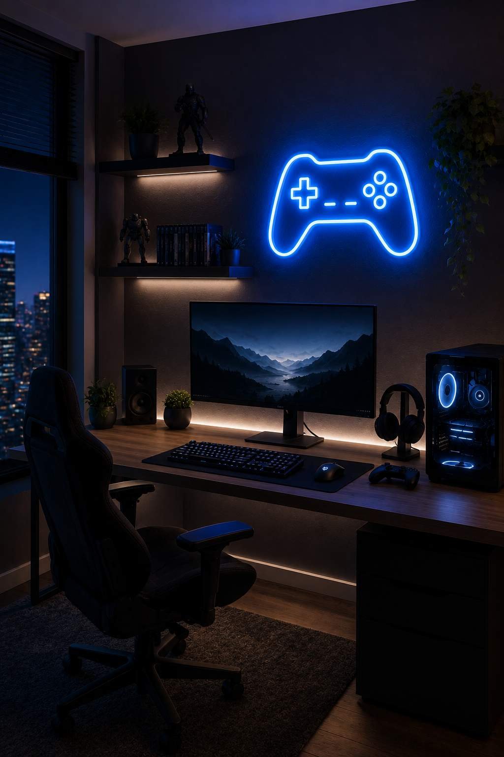 A cozy gaming setup with a glowing blue LED wall sign above a clean desk, adding a bold focal point while giving the room a modern, relaxing vibe.