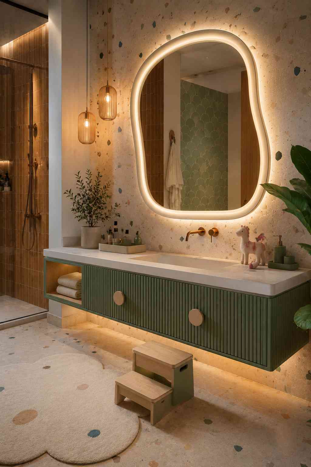 Contemporary family bathroom featuring a floating sage green fluted vanity with an integrated white sink, a softly backlit organic-shaped mirror, warm pendant lighting, terrazzo walls, playful décor, a wooden step stool, and a glass walk-in shower with warm-toned tiles.