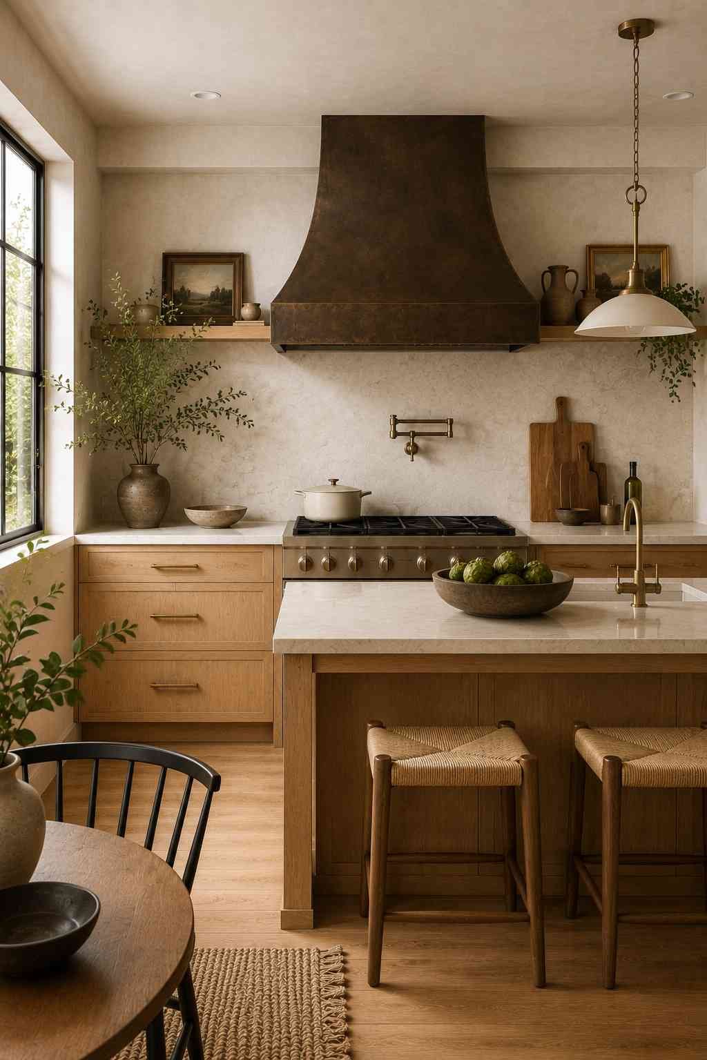 Ultra-realistic luxury kitchen featuring a hand-hammered aged bronze range hood as the focal point, paired with natural white oak cabinetry, a white quartz island, brass fixtures, woven bar stools, warm wood flooring, soft plaster walls, and abundant natural daylight in an elegant contemporary design.