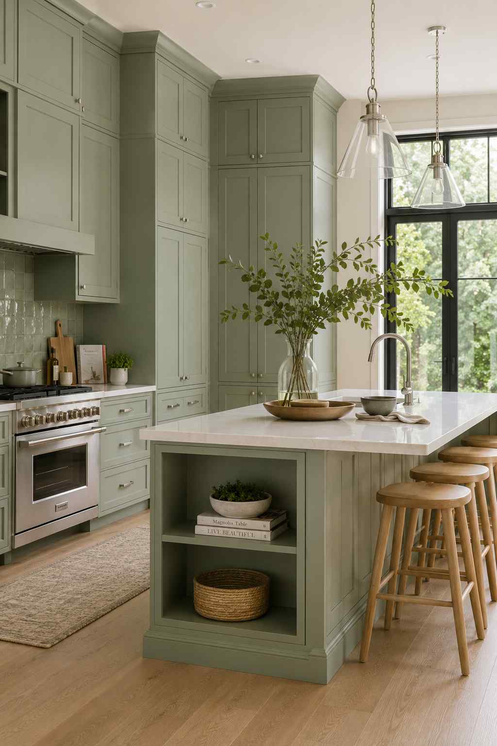 Modern kitchen with floor-to-ceiling sage green shaker cabinets, a matching sage island, white quartz countertops, glossy sage tile backsplash, light wood flooring, natural oak bar stools, and large black-framed windows filling the space with soft natural light.