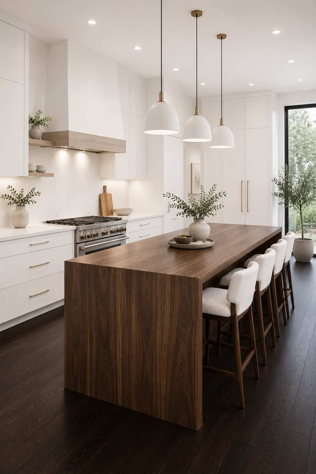 Luxury all-white minimalist kitchen featuring white flat-panel cabinets, a walnut waterfall island, dark walnut wood flooring, white quartz countertops, a white plaster range hood, modern pendant lighting, and a bright open layout with contemporary finishes.