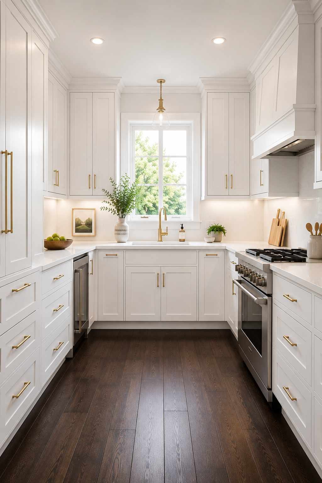 Bright modern kitchen with all-white shaker cabinets, unlacquered brass handles, white quartz countertops with subtle veining, and dark wood flooring. Natural light from a large window creates an open, airy feel while the dark floor adds contrast and elegance.