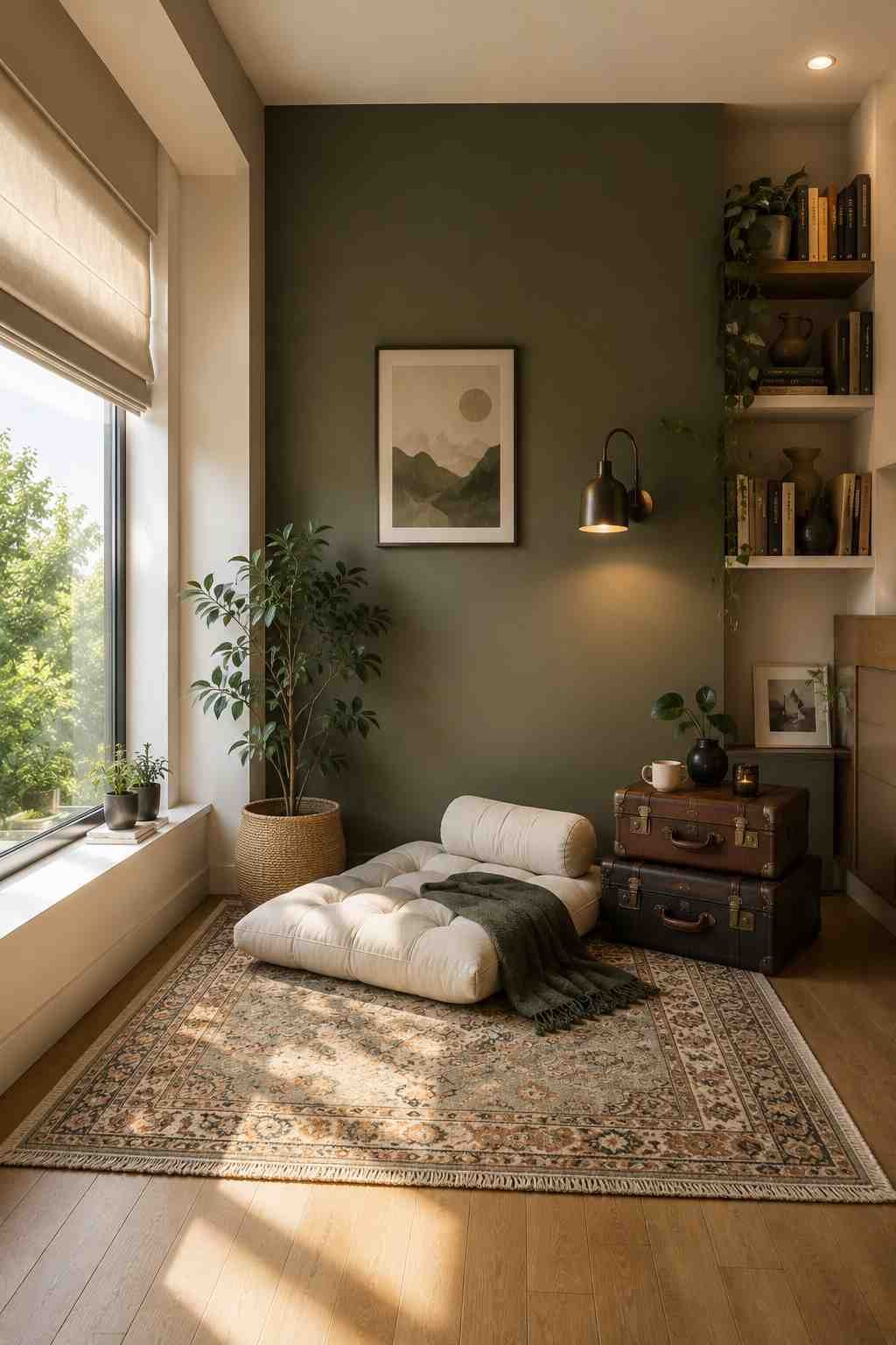 Cozy reading nook with a floor lounge chair, stacked vintage suitcases, olive green accent wall, indoor plants, and soft natural light from a large window.
