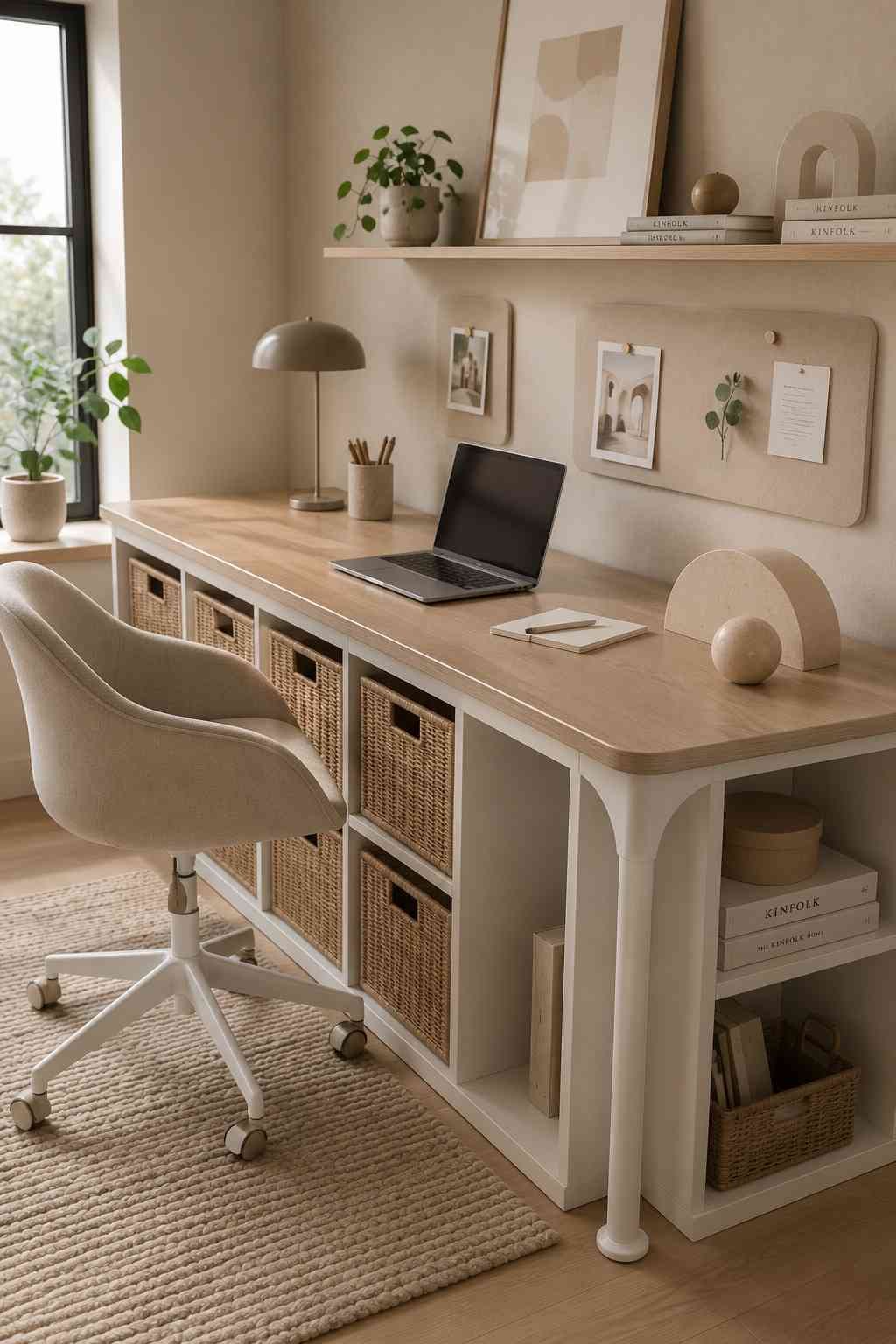 Minimalist IKEA KALLAX desk with a light wood top, woven storage baskets, neutral décor, and a cozy home office setup.