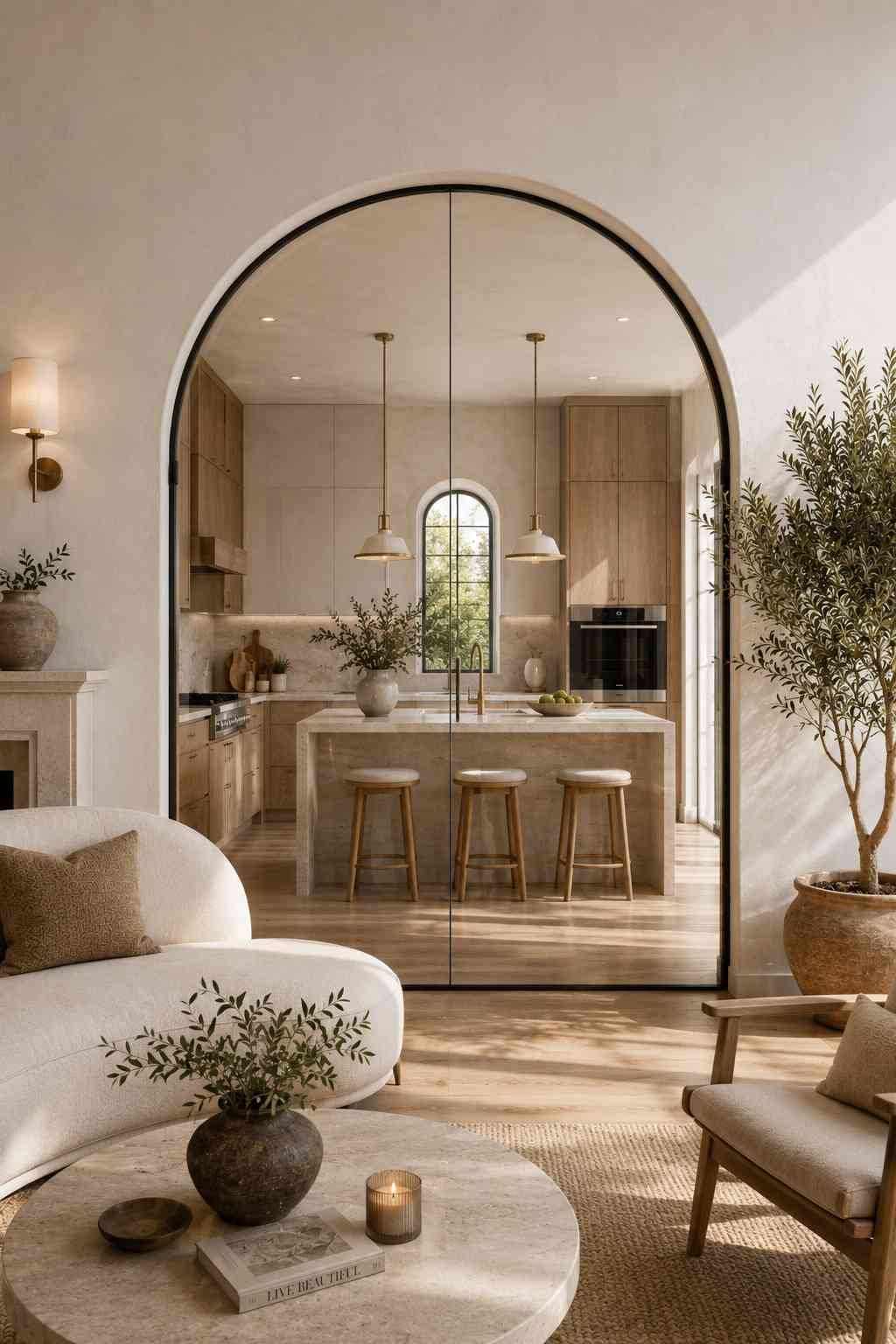 A contemporary open-plan home featuring a floor-to-ceiling arched glass partition with a slim black metal frame between the kitchen and living room. The elegant curved design softens the modern interior while allowing natural light to flow freely and creating a timeless Mediterranean-inspired look.