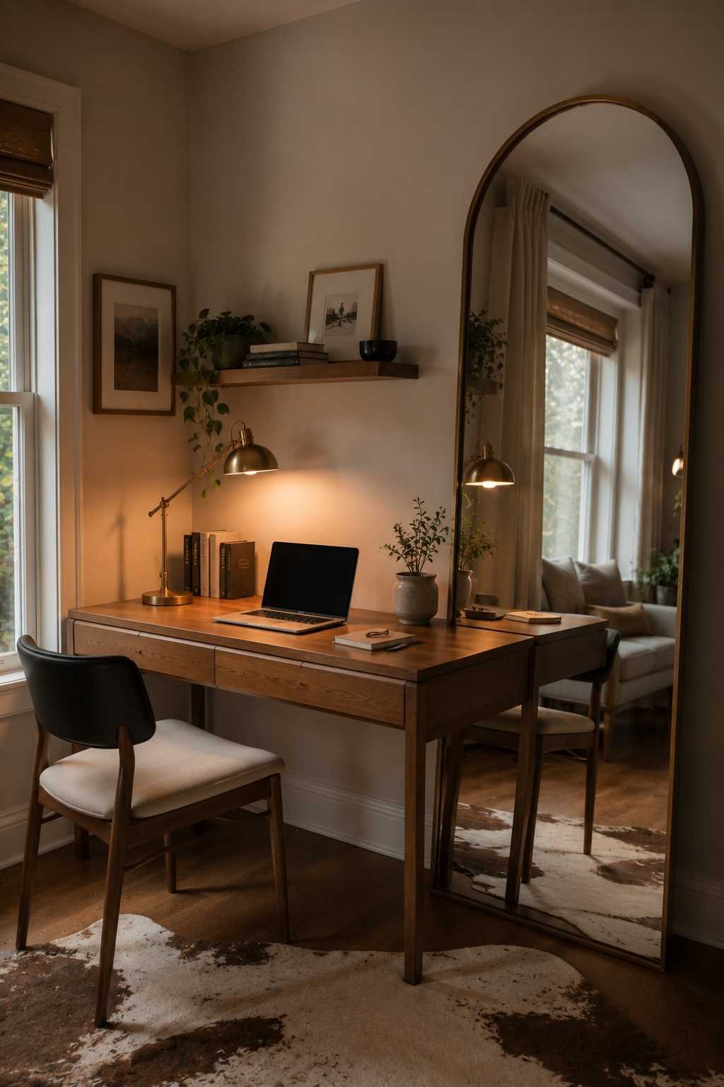 Desk beside a tall arched mirror reflecting warm lamp light, small book stack, minimal editorial home office styling.