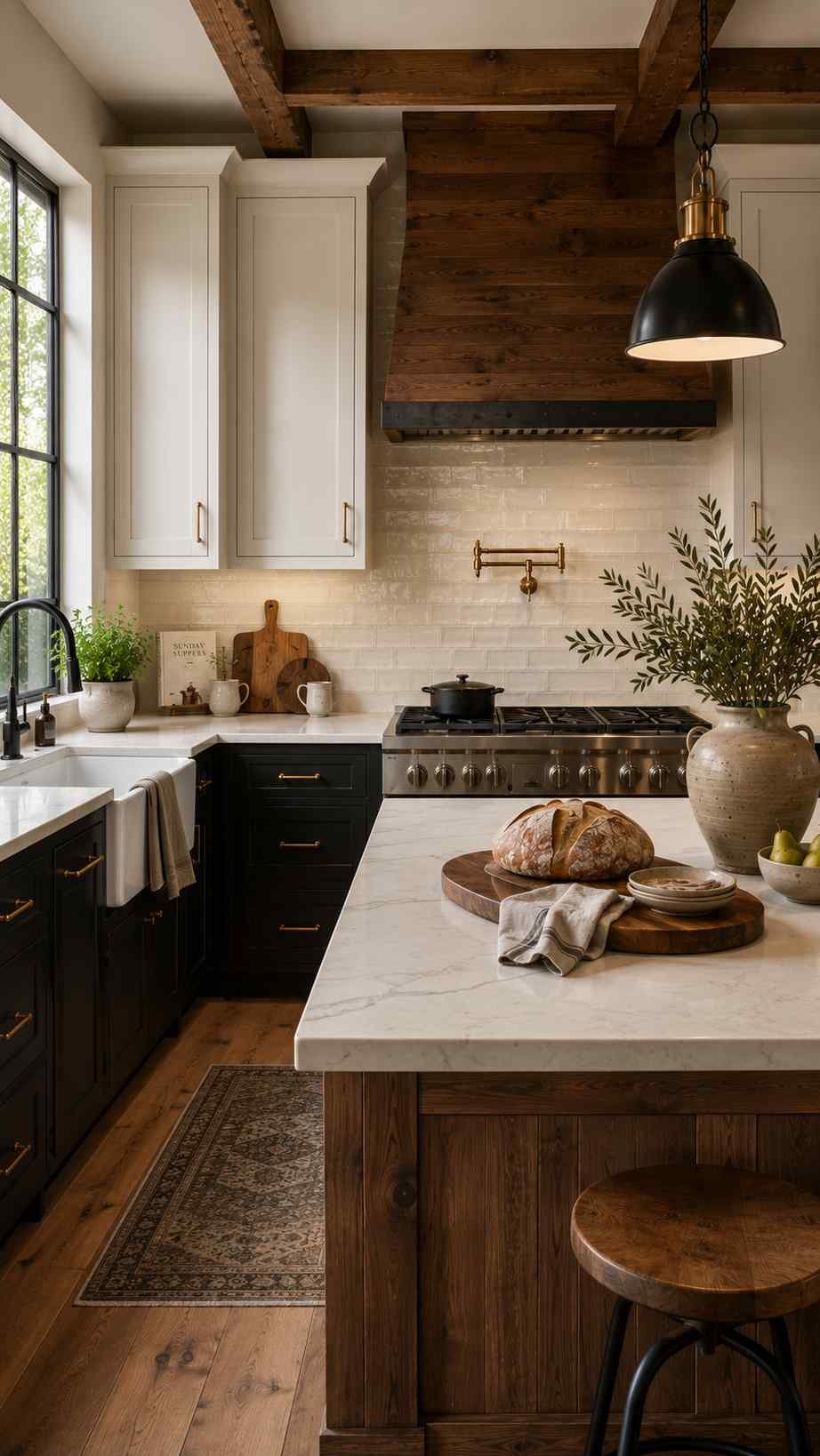 Modern farmhouse kitchen featuring a handcrafted subway tile backsplash with subtle glaze variation and irregular edges, complemented by a walnut range hood, black lower cabinets, warm white cabinetry, brass pot filler, and a spacious wood island.