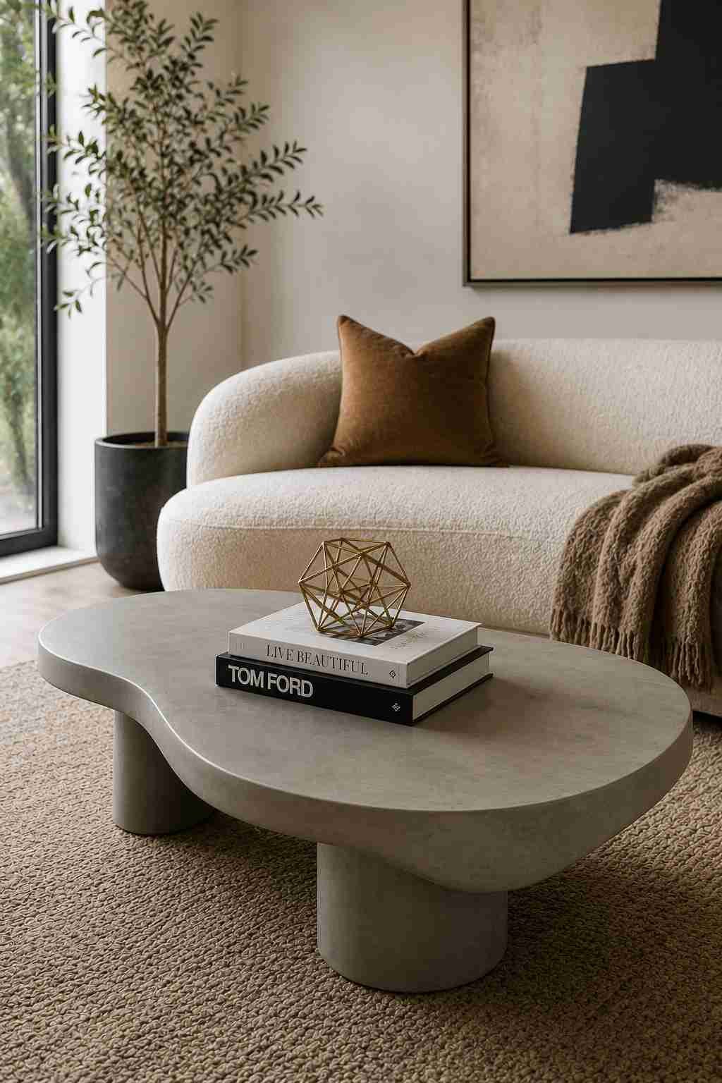 Asymmetrical sculptural concrete coffee table in a bold modern living room