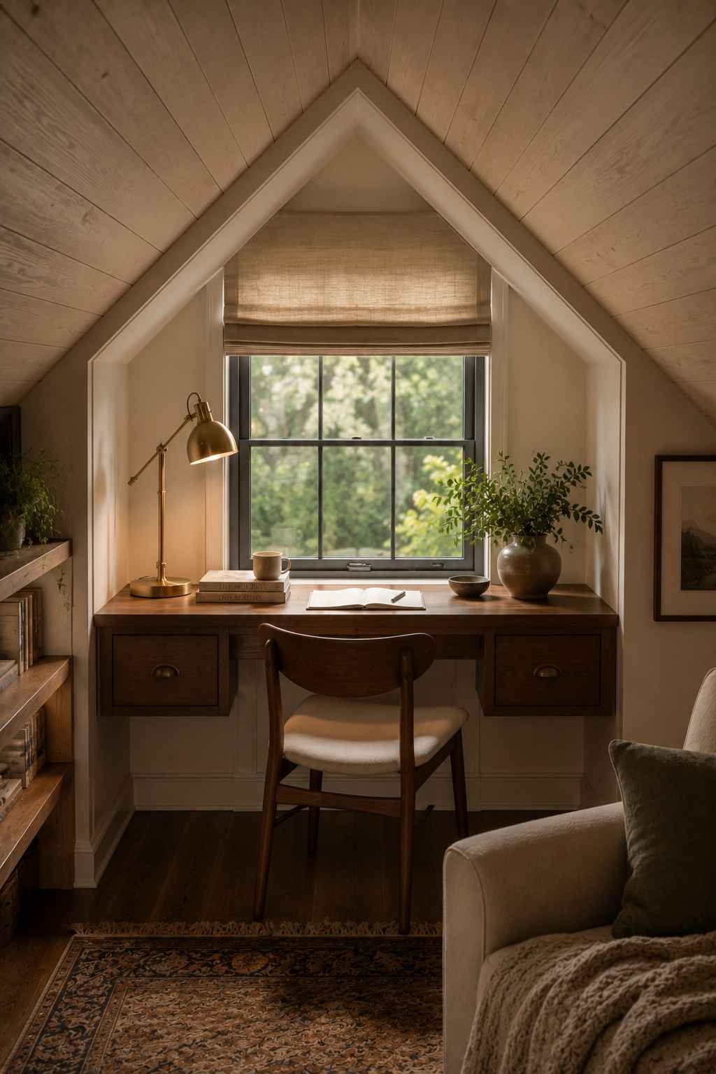 Desk built into an attic dormer window nook with sloped wood ceiling, warm natural light, small book stack, and a brass lamp.