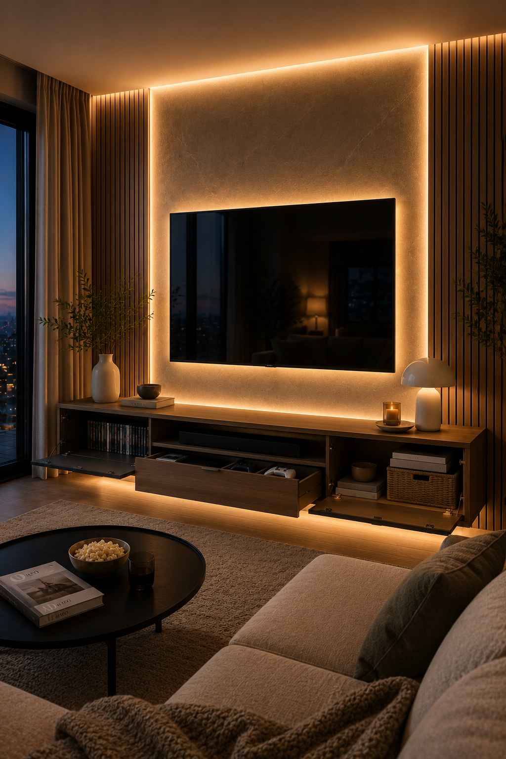 A modern living room featuring a backlit TV wall with warm LED lighting and a floating media console. The open cabinets and drawer reveal neatly organized storage for books, baskets, gaming accessories, and media devices, creating a clean, cozy space perfect for movie nights.
