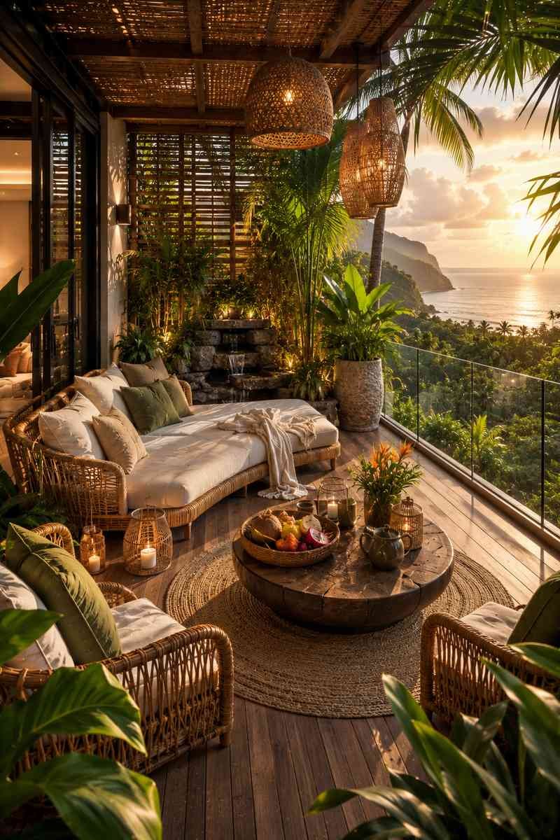 A tropical-inspired balcony with a rattan daybed, woven chairs, lush palm plants, bamboo accents, and warm lantern lighting overlooking a stunning ocean view at sunset.