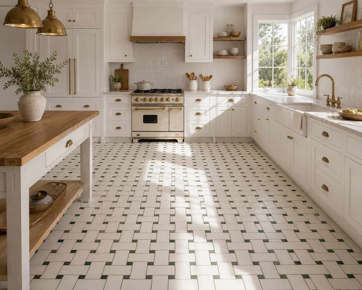 Bright U-shaped farmhouse kitchen featuring a warm bone-white basketweave porcelain tile floor with contrasting deep green grout, white shaker cabinets, brass hardware, butcher block countertops, a vintage cream range, open wood shelving, and abundant natural light streaming through a large corner window.