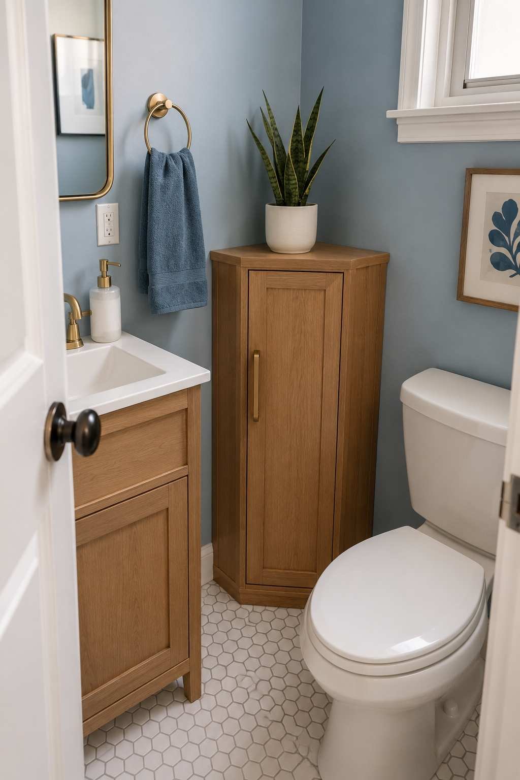Corner bathroom storage cabinet in oak finish for small bathroom organization