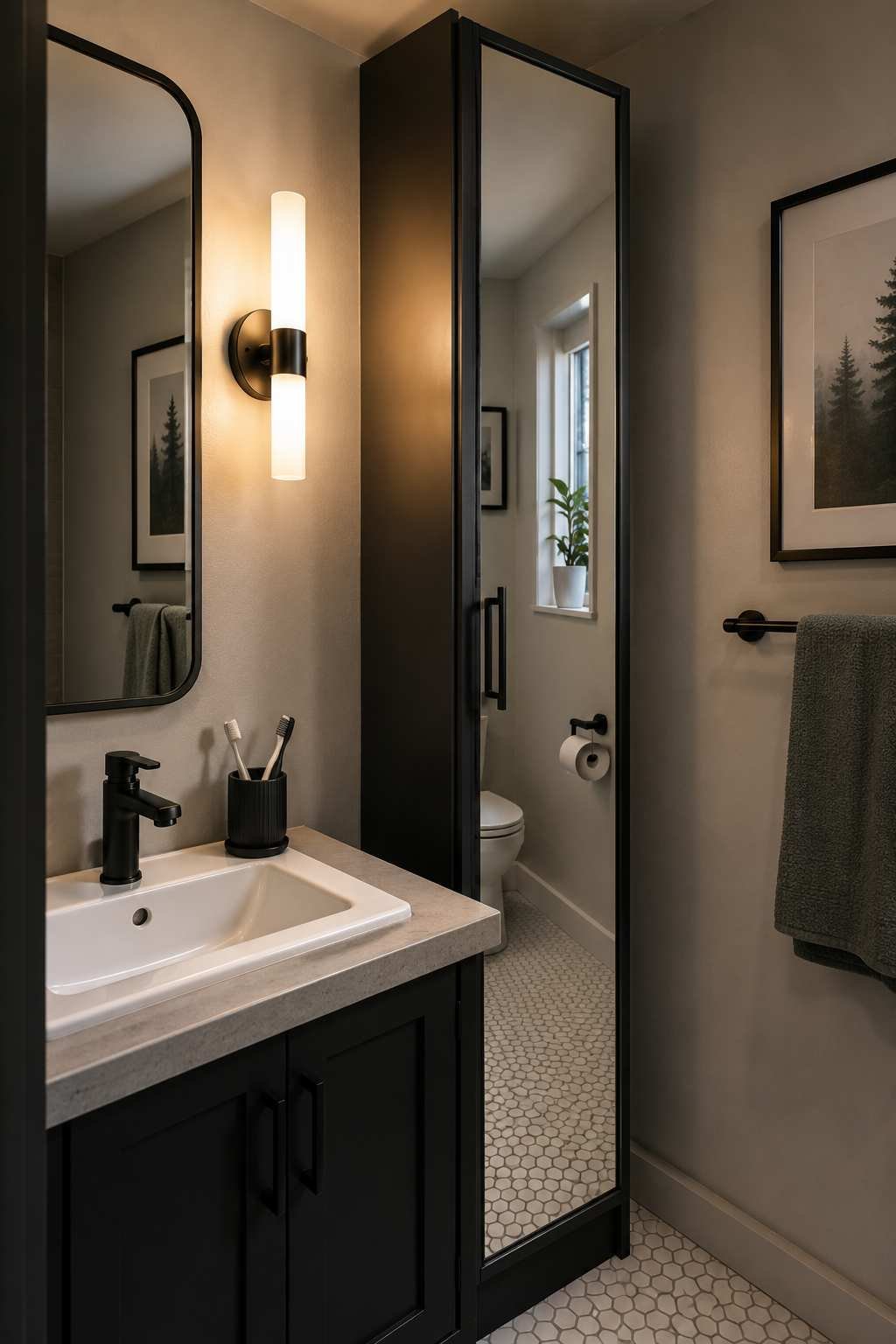 Tall black bathroom cabinet with mirrored door for compact bathroom storage