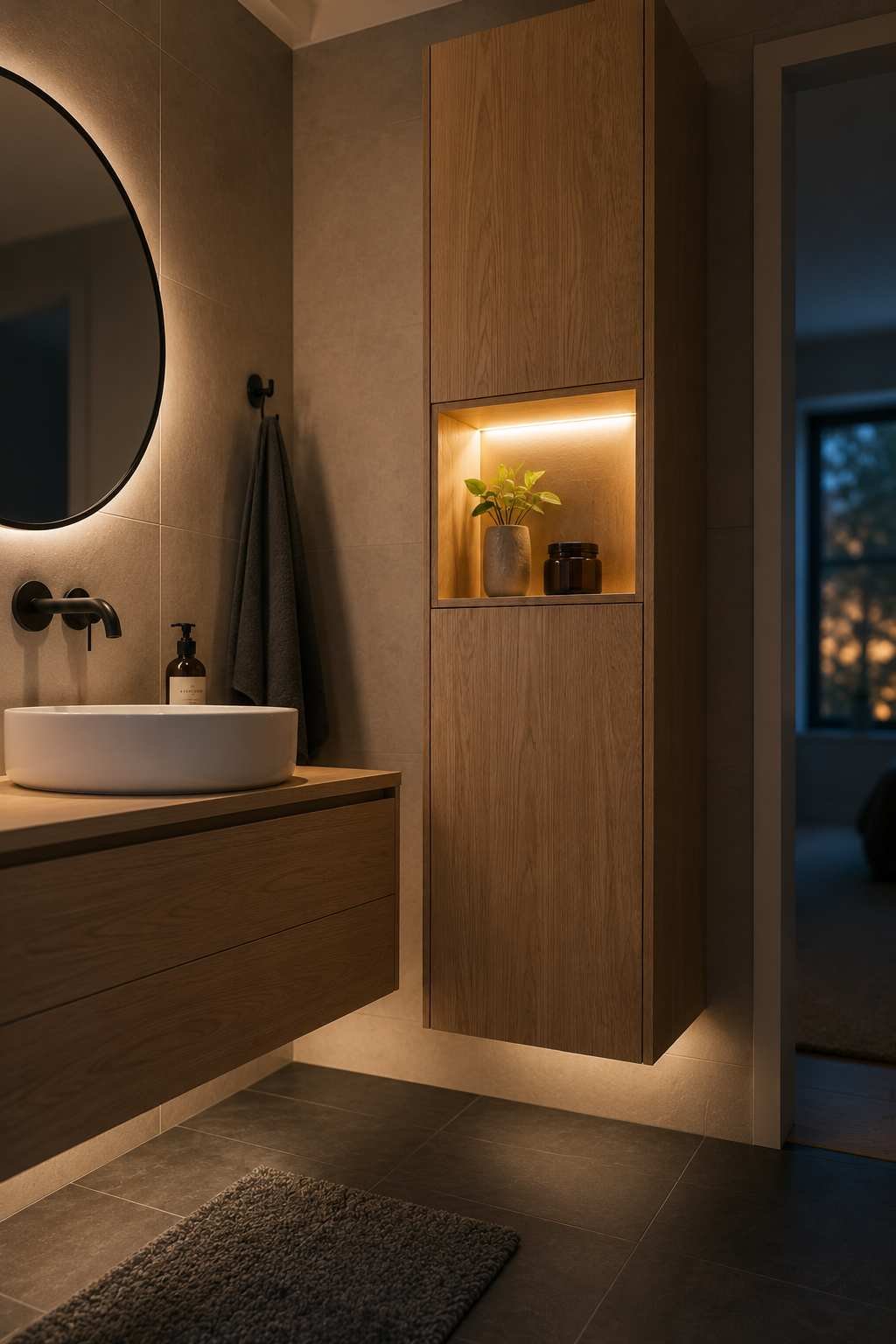 Floating wood bathroom storage cabinet with illuminated display niche