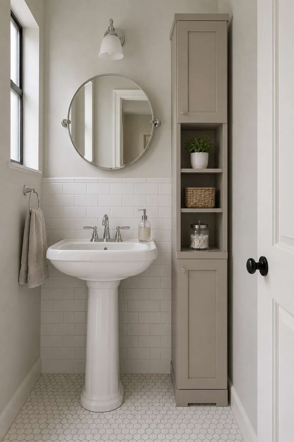 Slim bathroom linen cabinet with open shelves for towels and bathroom essentials