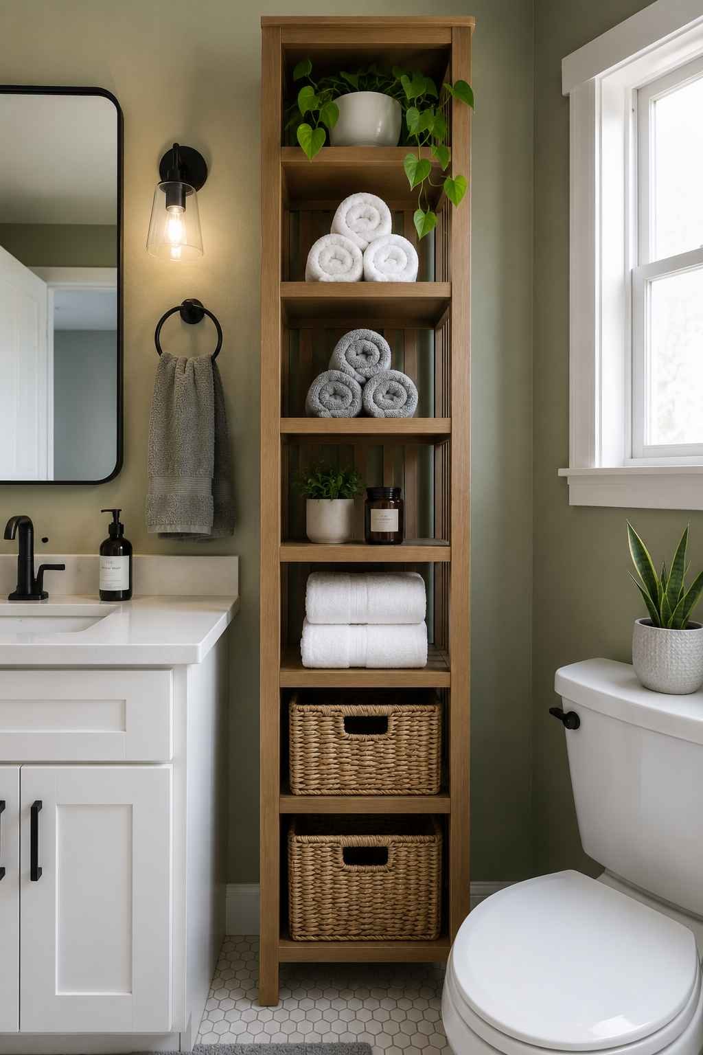 Open wooden bathroom storage shelf with baskets and rolled towels