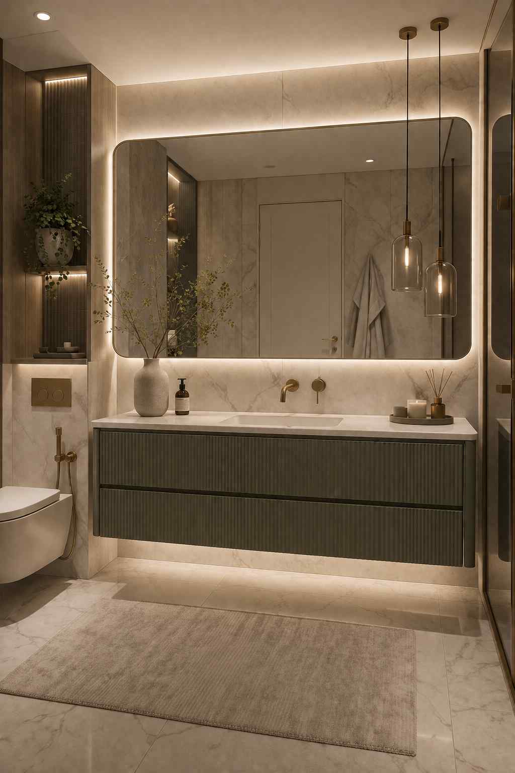 Luxury floating fluted bathroom vanity with a large LED backlit mirror, integrated white sink, brushed brass wall-mounted faucet, pendant lights, marble walls, and warm ambient lighting in a modern spa-inspired bathroom.