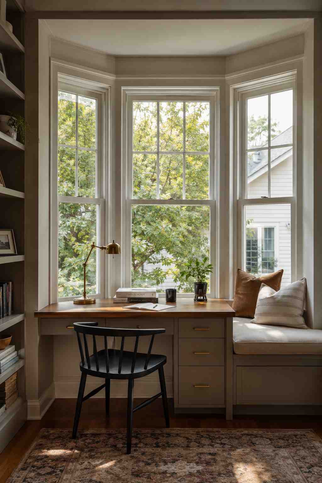 Built-in desk in a bay window nook with warm wood surface, brass lamp, small book stack, and a cushioned window seat, cozy study desk aesthetic.