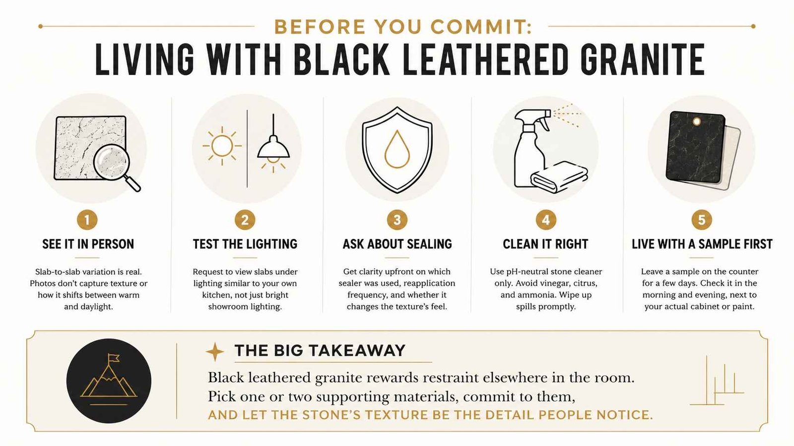 Minimalist 16:9 infographic explaining how to live with black leathered granite, featuring tips on viewing stone slabs in person, testing lighting, sealing requirements, proper cleaning, using a sample first, and a key takeaway about pairing the stone with simple complementary materials.