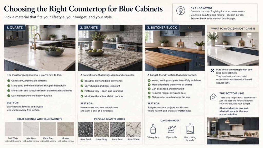 16:9 kitchen design infographic comparing quartz, granite, and butcher block countertops for blue kitchen cabinets. It highlights the benefits, maintenance requirements, and ideal use cases for each material, explains why quartz is a beginner-friendly choice, discusses granite slab variation, outlines butcher block care, and advises against bright white countertops with cool blue-grey cabinets in low-light kitchens.