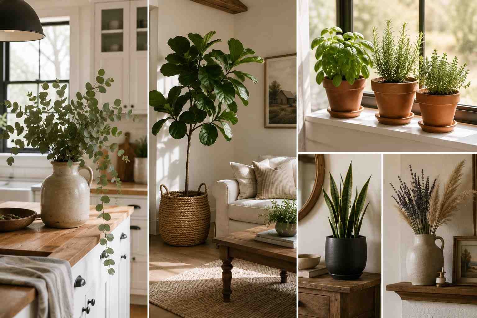 Modern farmhouse interior featuring layered greenery, including eucalyptus in a stoneware jug, a fiddle leaf fig in a woven basket, terracotta herb pots on a windowsill, a snake plant in a black ceramic planter, and dried lavender with pampas grass in warm natural light.