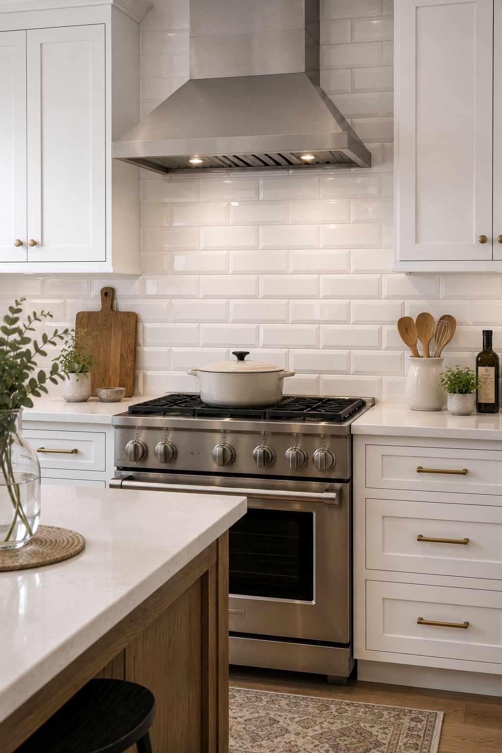 Bright modern kitchen featuring a beveled white subway tile backsplash with subtle shadow lines, paired with white shaker cabinets, white quartz countertops, brass hardware, a stainless steel range, and warm wood accents for a timeless, textured look.