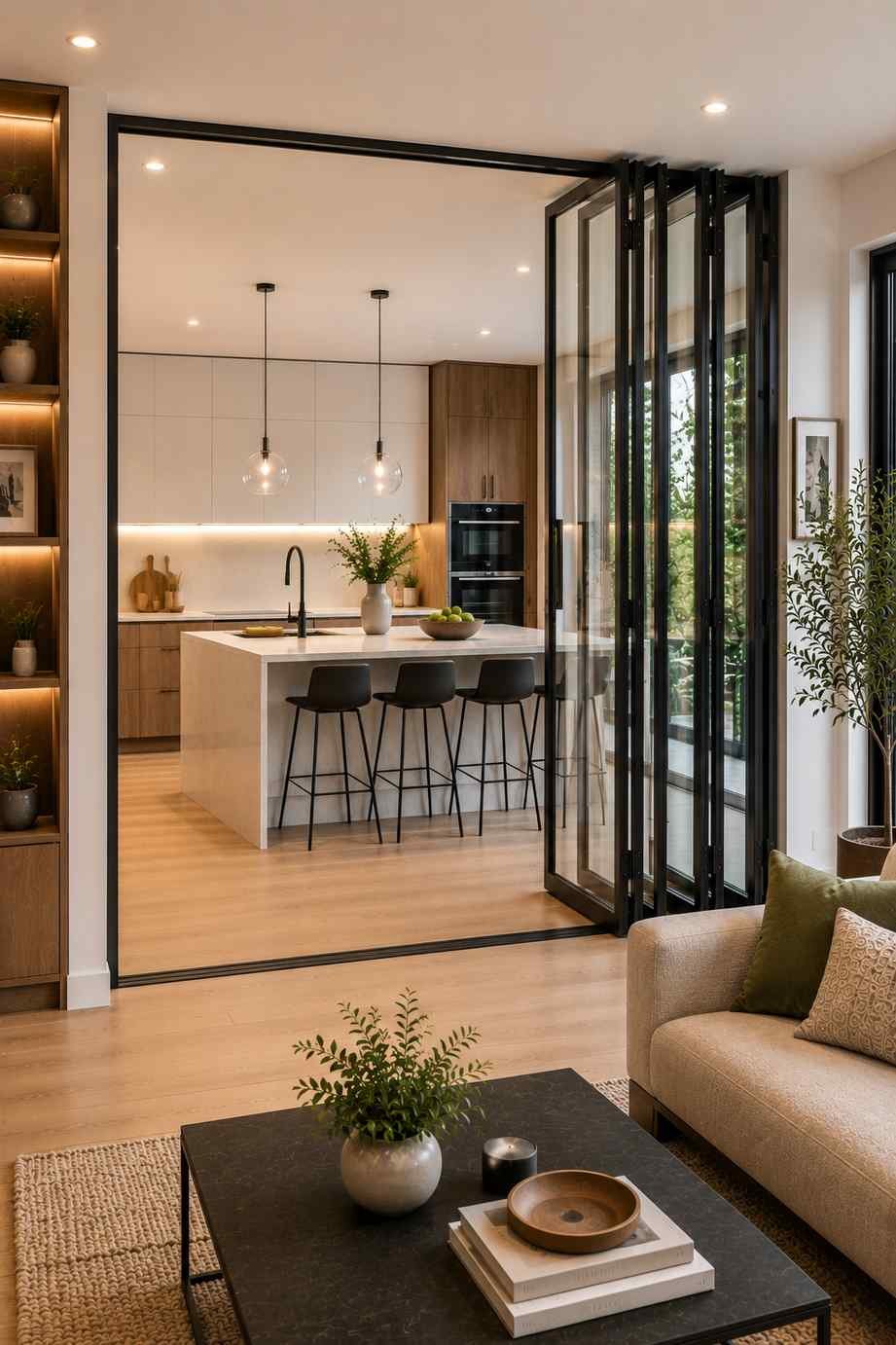 A modern home featuring a floor-to-ceiling bi-fold glass partition with slim black frames separating the kitchen from the living room. The accordion-style glass panels fold neatly to one side, creating a wide open connection between both spaces while allowing plenty of natural light to flow through.