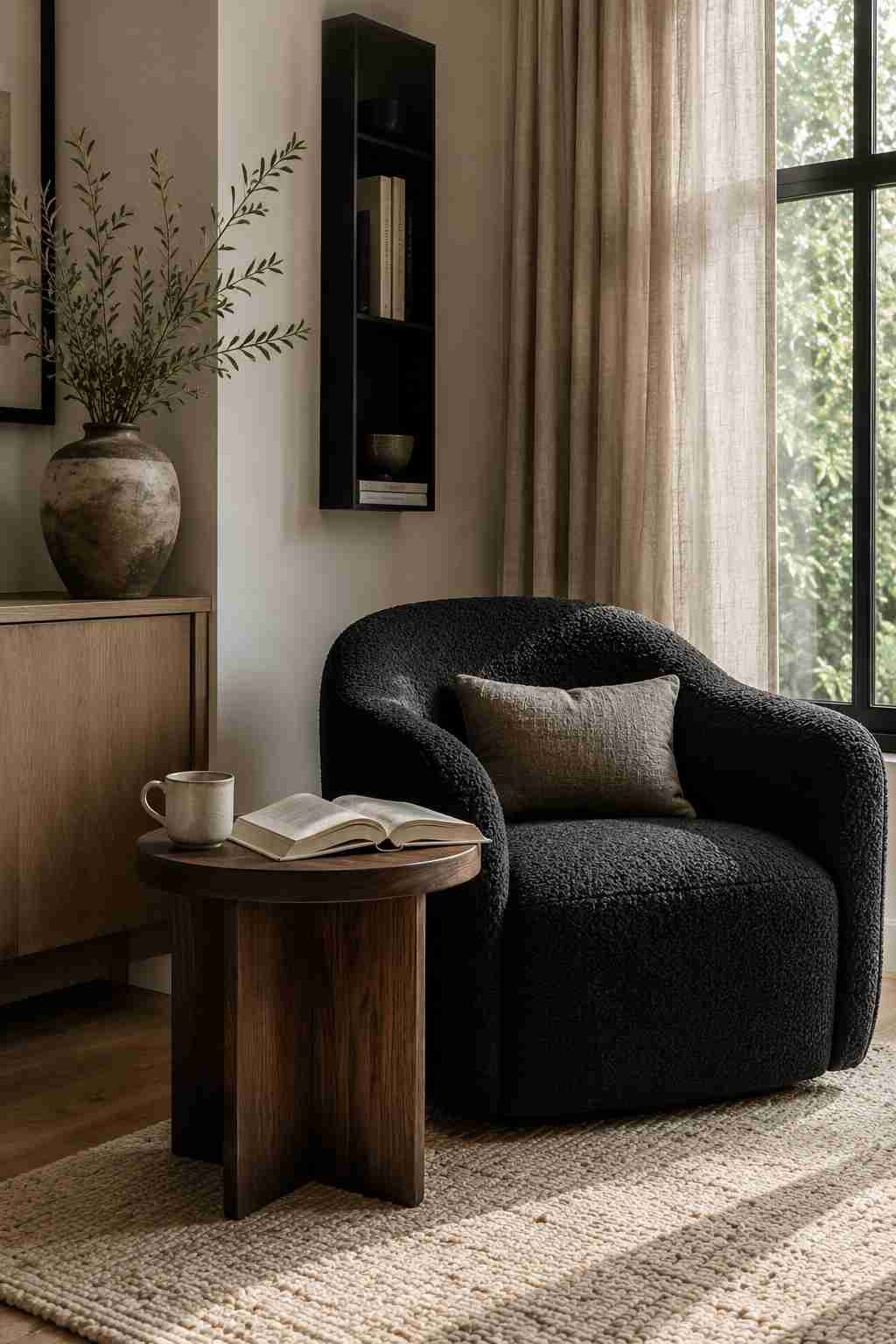 Black bouclé accent chair styled beside a walnut side table in a warm minimalist living room.