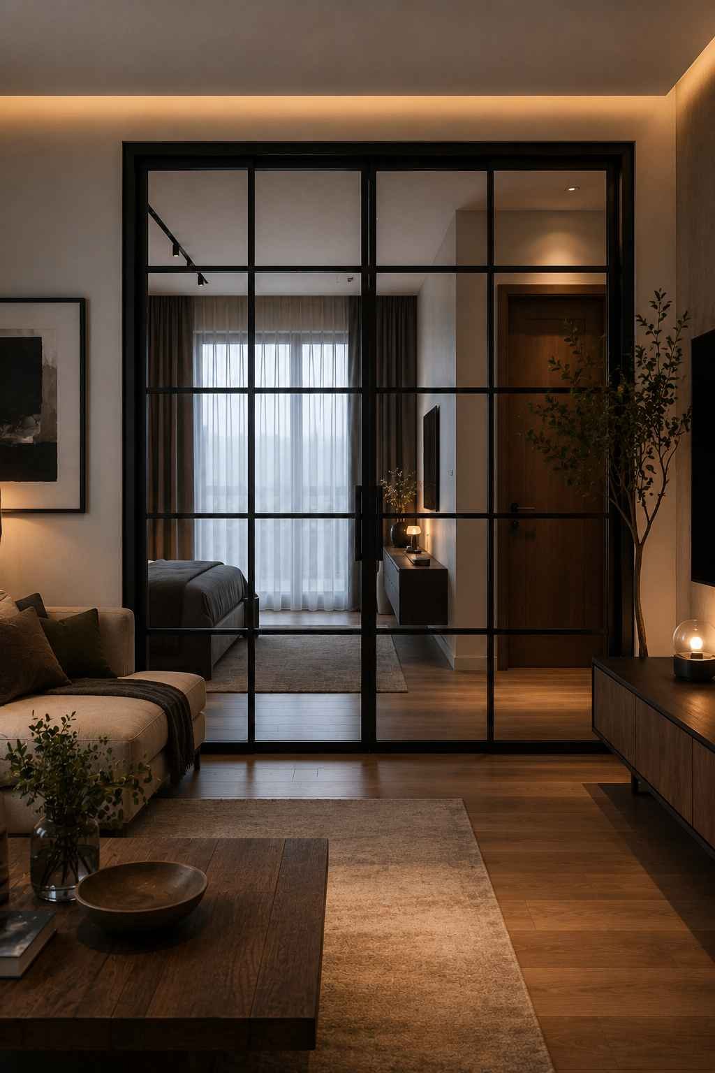 Black grid glass sliding partition creating a stylish separation between the living room and bedroom.
