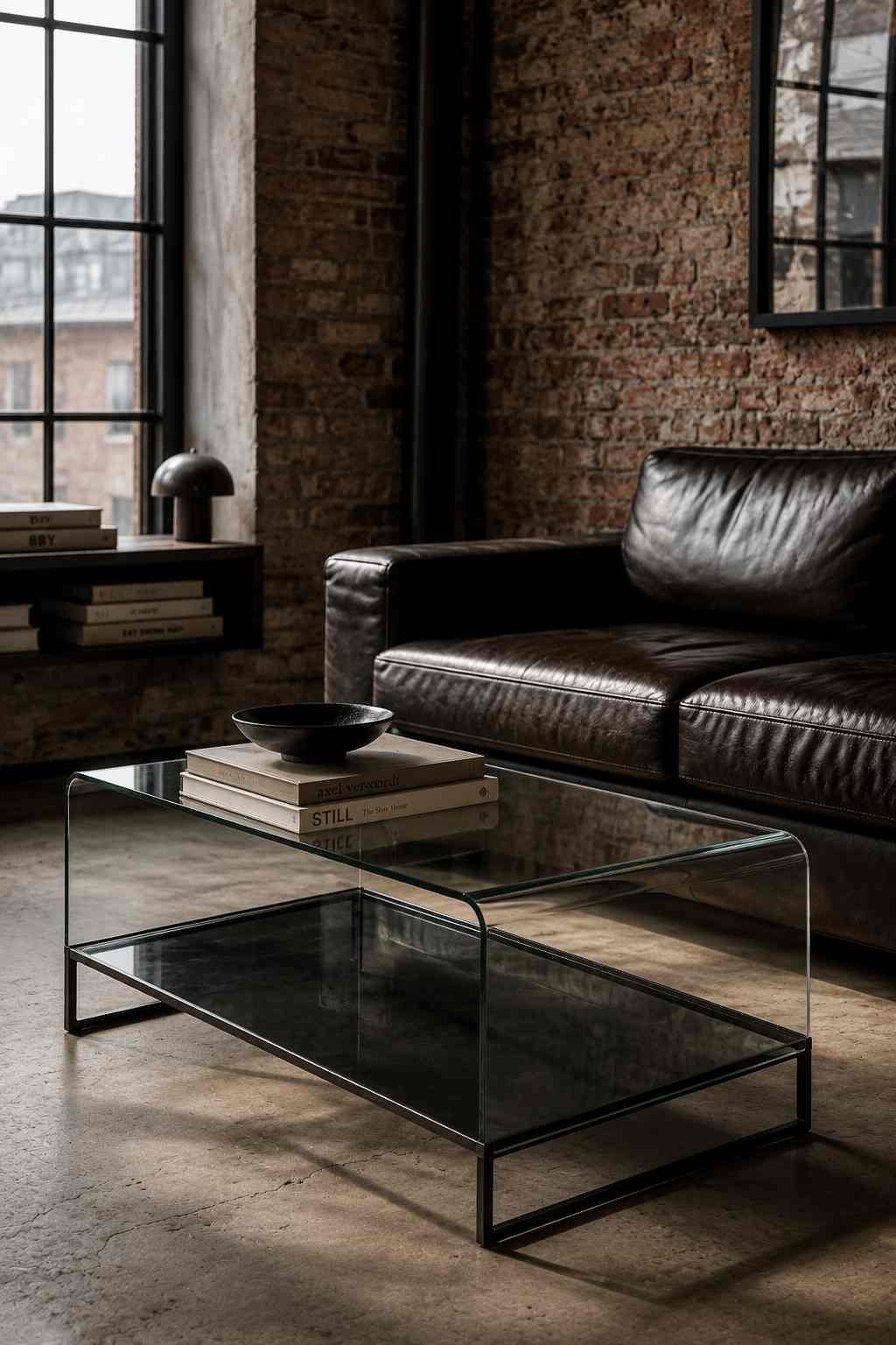 Black iron and glass waterfall coffee table in an industrial-modern small living room