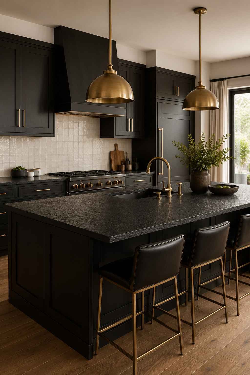 Modern luxury kitchen with a matte black shaker-style island, leathered black granite countertop, warm brass pendant lights, brass hardware, white zellige tile backsplash, and natural white oak flooring illuminated by soft daylight.