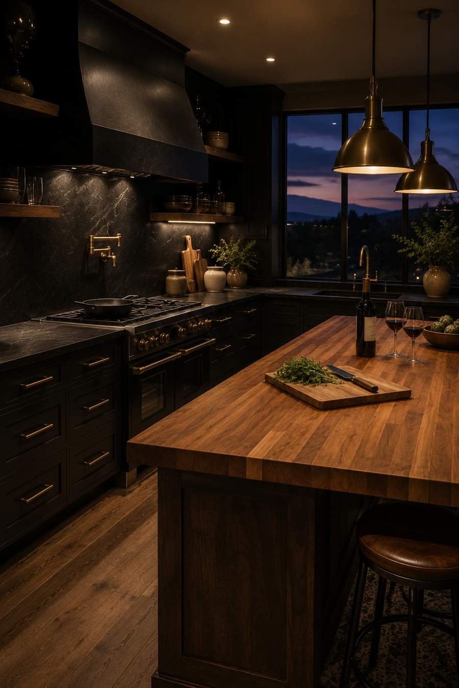Moody modern kitchen featuring black leathered granite perimeter countertops, a warm oak butcher block island, matte black cabinetry, brass pendant lights, light oak flooring, and a cinematic dusk ambiance with elegant architectural styling.