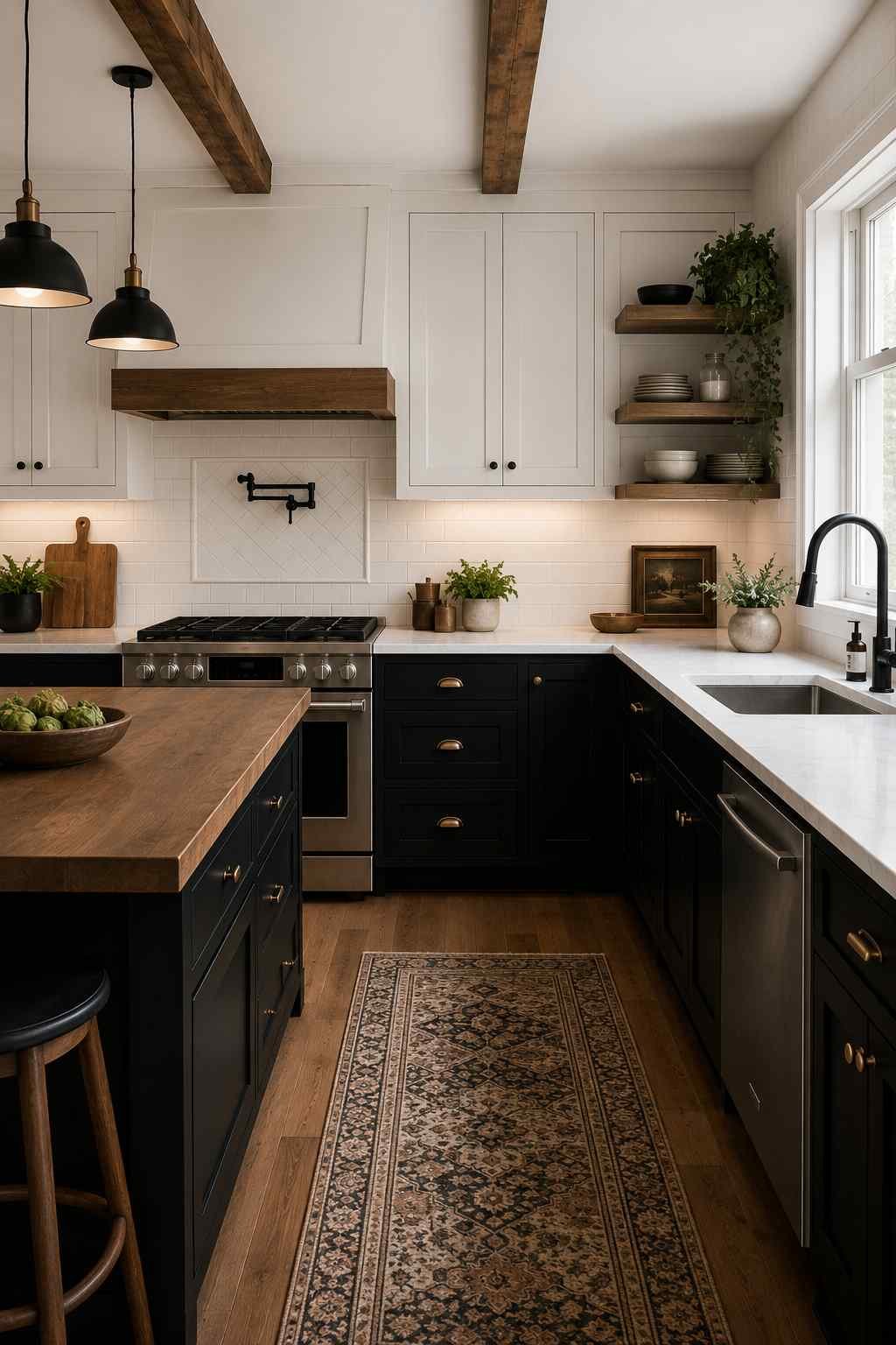 A bright rustic modern kitchen featuring black lower cabinets, crisp white upper cabinets, warm wood countertops, open wooden shelves, matte black fixtures, and soft natural light creating a balanced, cozy, and inviting space.
