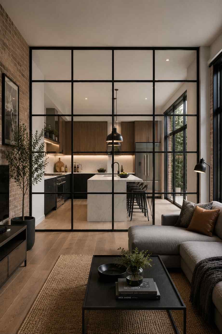 A modern living room separated from the kitchen by a floor-to-ceiling black metal grid glass partition. The steel-framed design adds an industrial touch while keeping the space bright and open, complementing the home's black accents, warm wood finishes, and contemporary décor.