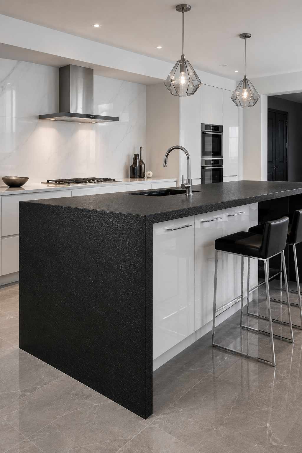 Contemporary kitchen featuring a dramatic black leathered granite waterfall island with glossy white cabinets, chrome hardware, black leather bar stools, polished porcelain flooring, and geometric glass pendant lights in a bright modern space.