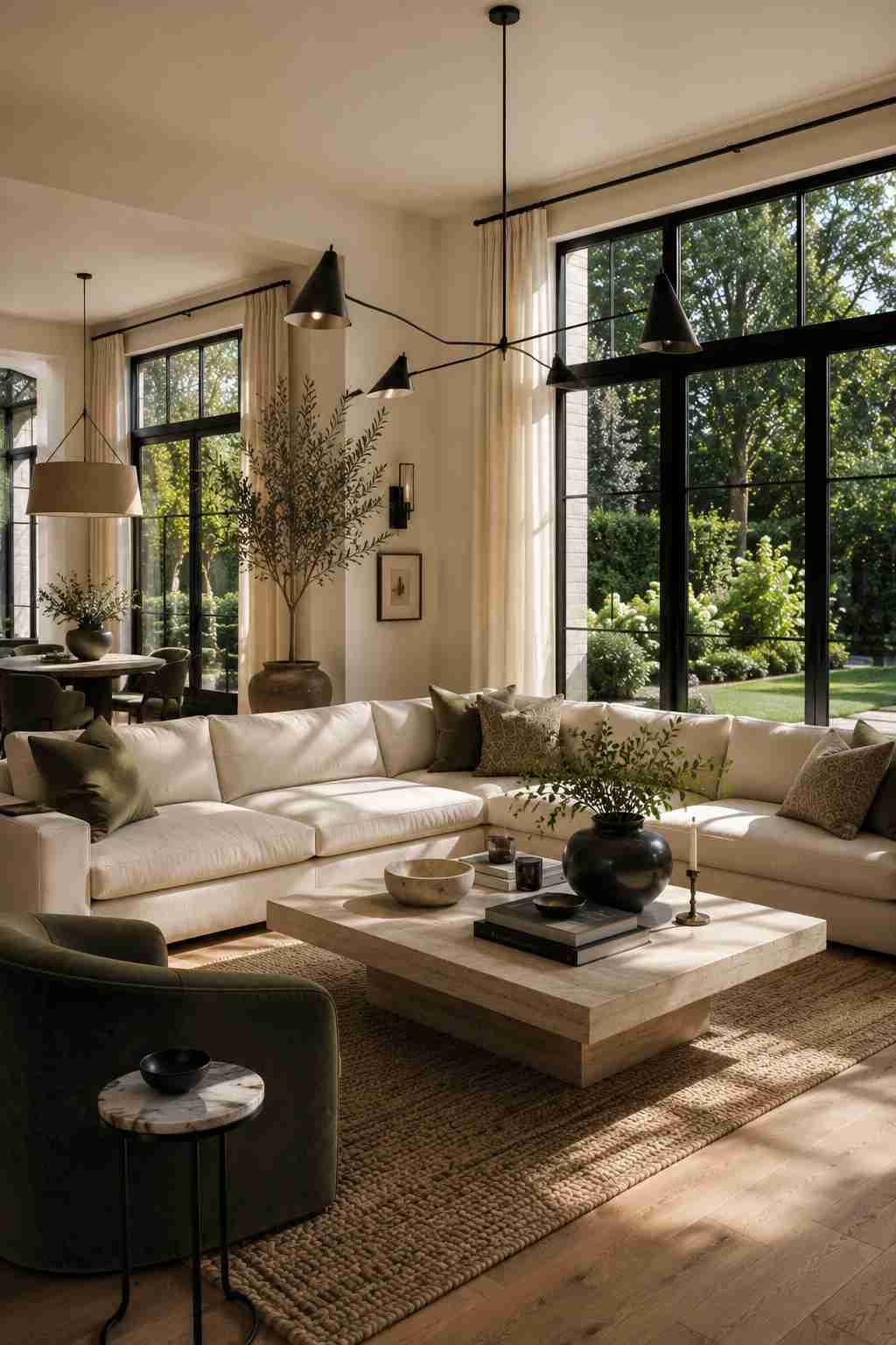 Large black-framed windows with linen curtains in a bright minimalist living room.