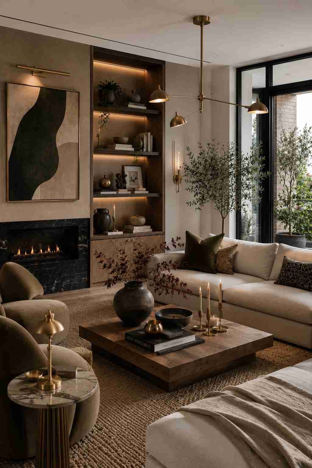 Modern living room styled with matte black furniture and brushed brass lighting.